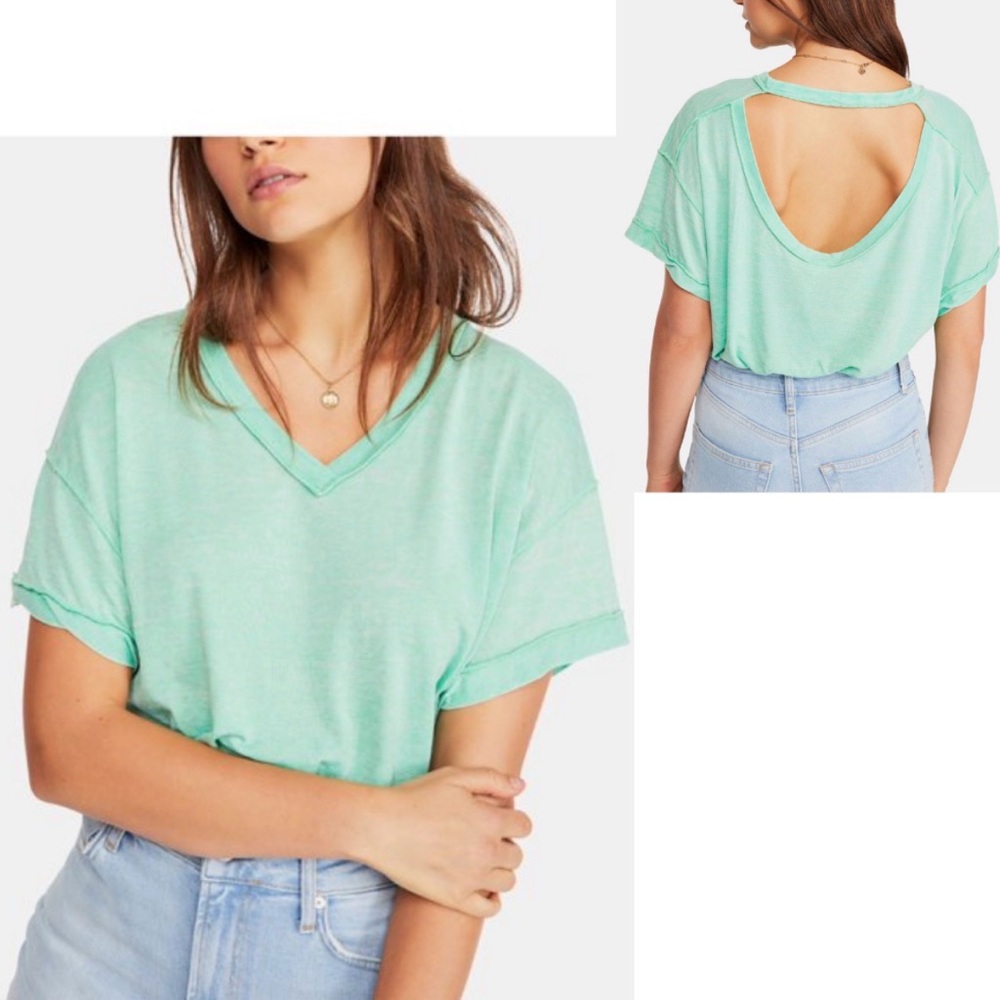 Free People | We The Free Mint Green Oversized Tee V-Neck Distressed Raw Hem - S